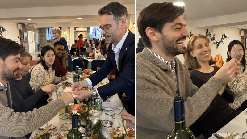 Two pictures side-by-side. The left-hand one shows guests around a dinner table. FX the magician stand up and fans the cards while a guest selects one. The right-hand one shows guests laughing, while a participant exhibit a card that just changed in his hand.