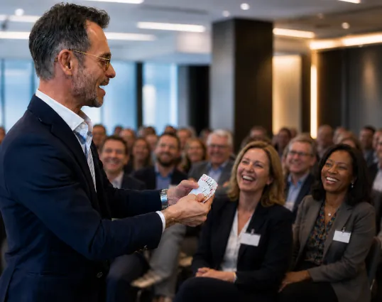 Magician performing a card trick for a laughing corporate audience